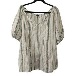Talbots 100% Linen Striped Peasant Sleeve VNeck Top Women’s 1X Boho Tunic Blouse